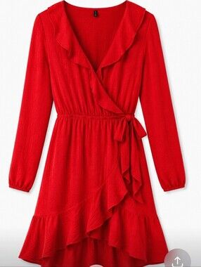 Express Red Long-Sleeve Ruffle Wrap Dress